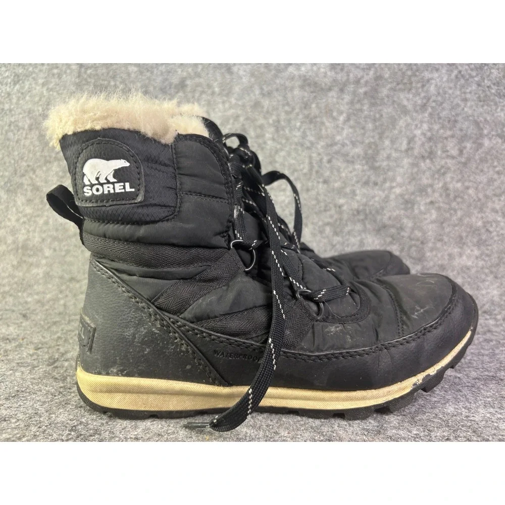 Sorel Whitney Short Lace Boots Womens 6 Black Waterproof Faux Fur‎ NL2776-010